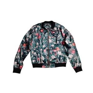 Allegra K Womens Green Floral Bomber‎ Jacket Satin Baseball Style Small